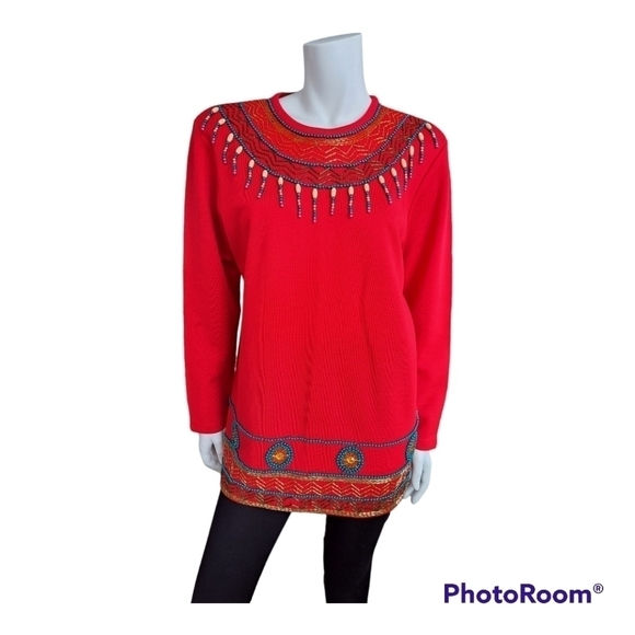 DL Mckelvey sweater red wool pullover faux pearl detail indian style size L - Picture 3 of 15
